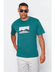 Trendyol Emerald Green Relaxed Photoprint Printed 100% Cotton T-shirt