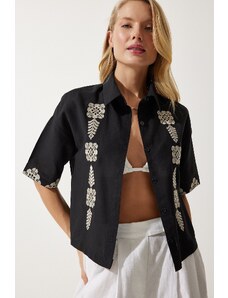 Happiness İstanbul Women's Black Embroidered Short Linen Shirt RG0009