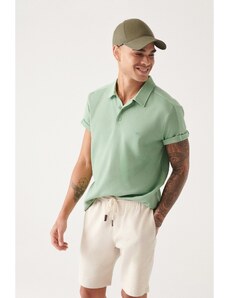 Avva Men's Aqua Green 100% Cotton Woven Detail Standard Fit Regular Fit Polo Neck T-shirt