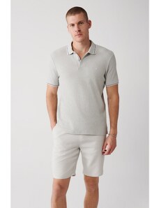 Avva Men's Light Gray 100% Cotton Jacquard Standard Fit Regular Cut 2 Button Polo Neck T-shirt
