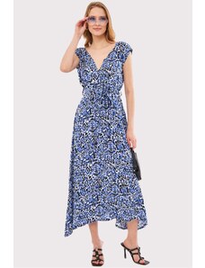 armonika Women's Saks Efta Dress Back And Front Side Double Breasted Belted Patterned Midi Length