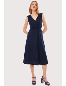 armonika Women's Navy Blue Elastic Waist And Shoulder Elastic Skirt Lined Double Breasted Neck Midi Length Dress