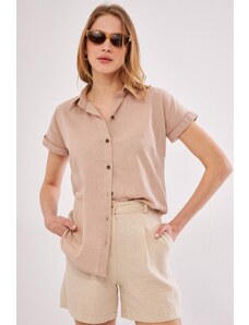 armonika Women's Beige Short Sleeve Linen Shirt