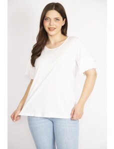 Şans Women's White Plus Size Cotton Fabric Flounce Sleeve Crew Neck Blouse