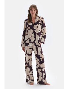 Dagi fialový květinový tisk Detailní saténové kalhoty pyžamové kalhoty