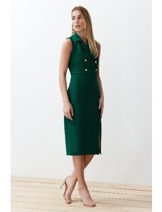 Trendyol Emerald Green Body-Fitting Button Detail Slit Midi Woven Dress