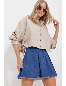Trend Alaçatı Stili Women's Beige Gathered Melange Linen Crop Shirt