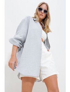 Trend Alaçatı Stili Women's Gray Balloon Sleeve Oversize Muslin Shirt