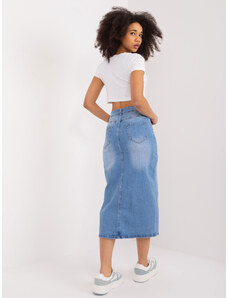 Fashionhunters Modrá midi džínová sukně s vysokým pasem