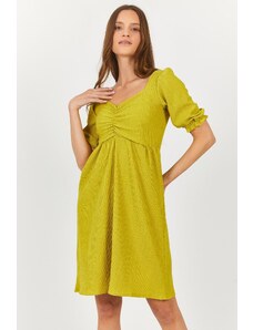 armonika Women's Oil Green Midi Length Dress with Pleated Front and Elasticated Sleeves