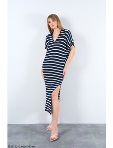 Laluvia Navy Blue-Cream Striped Polo Neck Slit Dress