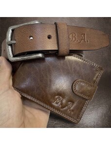 Tvujoriginal Pánský luxusní kožený set ROYAL LEATHER hnědá kožená peněženka a pásek s monogramem (ražba)