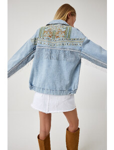 Happiness İstanbul Women's Light Blue Chain And Embroidery Detail Denim Jacket