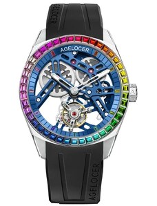 Agelocer Watches Stříbrné pánské hodinky Agelocer s gumovým páskem Tourbillon Rainbow Series Silver / Blue 42MM