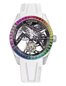 Agelocer Watches Stříbrné pánské hodinky Agelocer s gumovým páskem Tourbillon Rainbow Series Silver / White Black 42MM