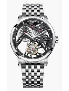 Agelocer Watches Stříbrné pánské hodinky Agelocer s ocelovým páskem Tourbillon Series Silver / Black 40MM