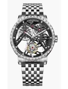 Agelocer Watches Stříbrné pánské hodinky Agelocer s ocelovým páskem Tourbillon Series Silver / Black Ruby 40MM