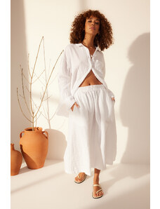 Trendyol White 100% Linen Elastic Waist Midi Skirt