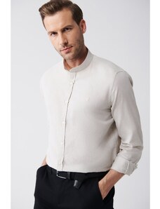 Avva Men's Beige Big Collar Linen Blended Regular Fit Shirt