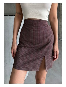 Laluvia Claret Red Plaid Front Slit Mini Skirt