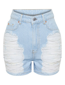 Trendyol Light Blue Ripped High Waist Mini Denim Shorts & Bermuda