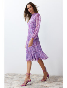 Trendyol Lilac Shawl Patterned Lined Flounced Chiffon Midi Woven Dress