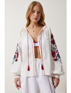 Happiness İstanbul Women's White Embroidered Buttoned Linen Shirt