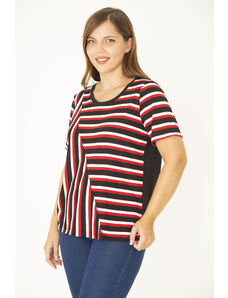 Şans Women's Plus Size Black Crewneck Striped Combination Blouse