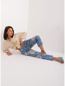 Fashionhunters Modré látkové kalhoty s květinovým potiskem
