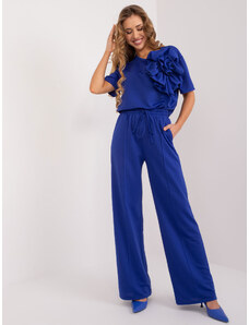 Fashionhunters Kobaltově modré dámské látkové kalhoty s vysokým pasem