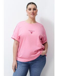 Trendyol Curve Pink Printed Oversize Knitted T-shirt