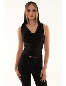 Trendyol Black Knitted Hooded Shiny Stone Blouse