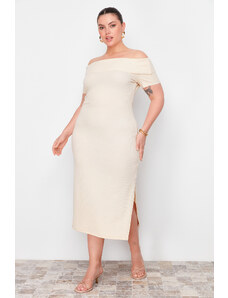 Trendyol Curve Beige Fitted Carmen Collar Ribbed Soft Textured Midi Stretch Knit Dress
