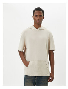 Koton Hooded T-Shirt Short Sleeve Kangaroo Pocket Detail Off Shoulders