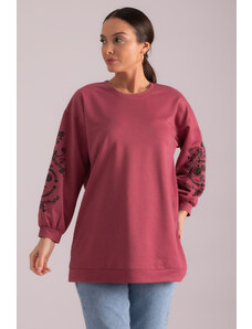 armonika Women's Dried Rose Round Neck Tunic with Embossed Sleeves
