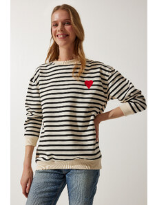 Happiness İstanbul Women's Cream Heart Detailed Striped Seasonal Sweatshirt