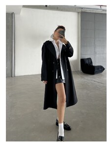 Laluvia Black Button Detailed Belted Long Trench Coat