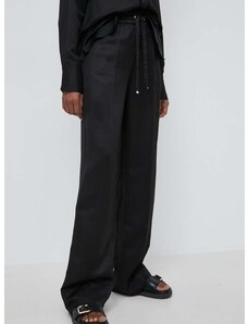 Kalhoty s příměsí lnu BOSS černá barva, high waist, 50515737