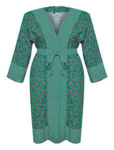 Trendyol Curve Green Ethnic Patterned Belted Maxi Woven Kimono & Kaftan