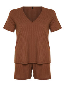 Trendyol Curve Brown V Neck Camisole Knitted Pajamas Set