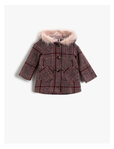 Koton Baby Girl Collar Fur Coat Plaid Hooded Baby Girl Collar Fur Coat Plaid Hooded