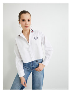 Koton Crop Oversize Poplin Shirt Embroidery Detailed Buttoned Cotton Striped Collar