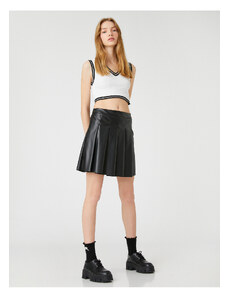 Koton Pleated Mini Skirt With A Leather Look, Zip Closure