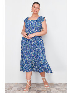 Trendyol Curve Navy Blue A-Line Midi Ruffled Floral Pattern Woven Dress