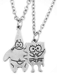 Camerazar Dvojice Přátelských Náhrdelníků SpongeBob a Patrick, Stříbrná Barva, Délka 60 cm