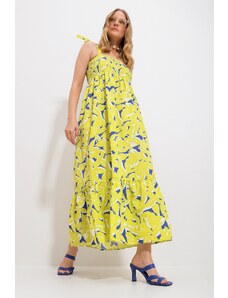 Trend Alaçatı Stili Women's Oil Green Strap Skirt Flounce Floral Pattern Gimped Woven Dress