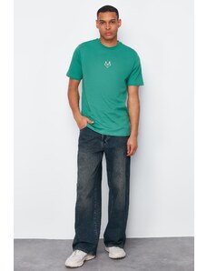 Trendyol Dark Green Regular/Normal Cut Wolf Embroidered 100% Cotton T-Shirt