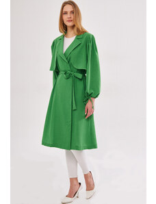 armonika Women's Green Ennea Trench Coat Sleeves Pleated Belted Cuff Laced Detail