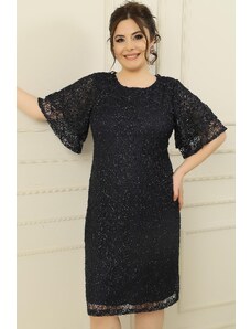 By Saygı Plus Size Silvery Lace Dress with Short Flounce Sleeves
