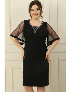 By Saygı Stone Embroidered Lined Plus Size Dress on Collar And Sleeves